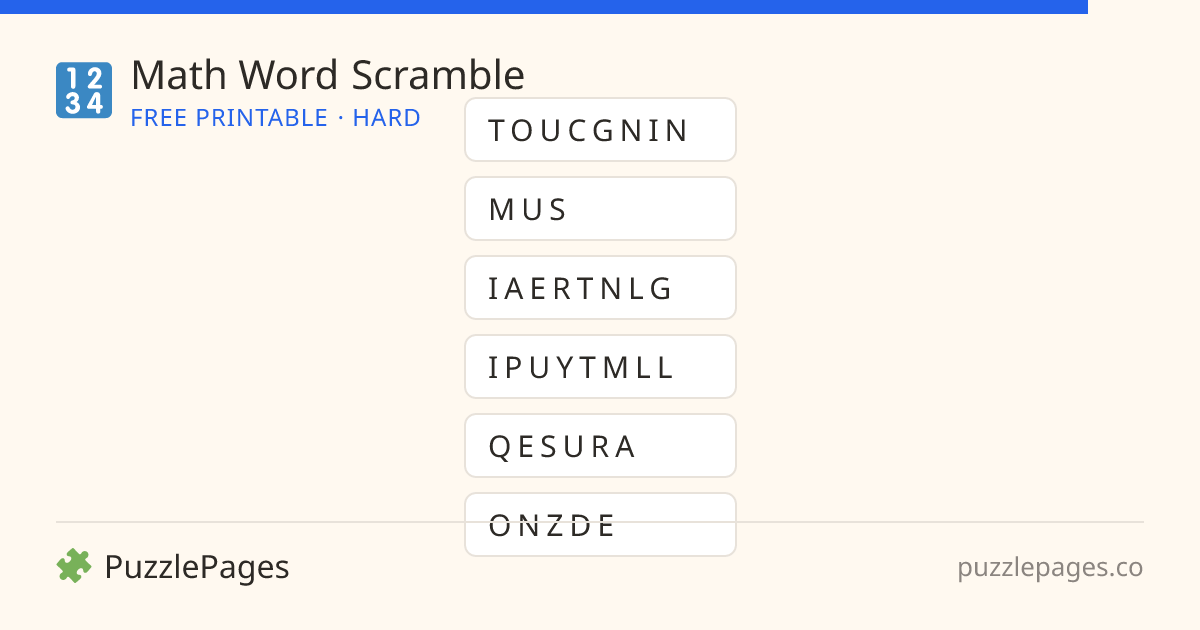 Math Hard printable word scramble preview — free to print from PuzzlePages