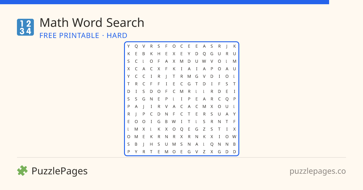 Math Hard printable word search preview — free to print from PuzzlePages