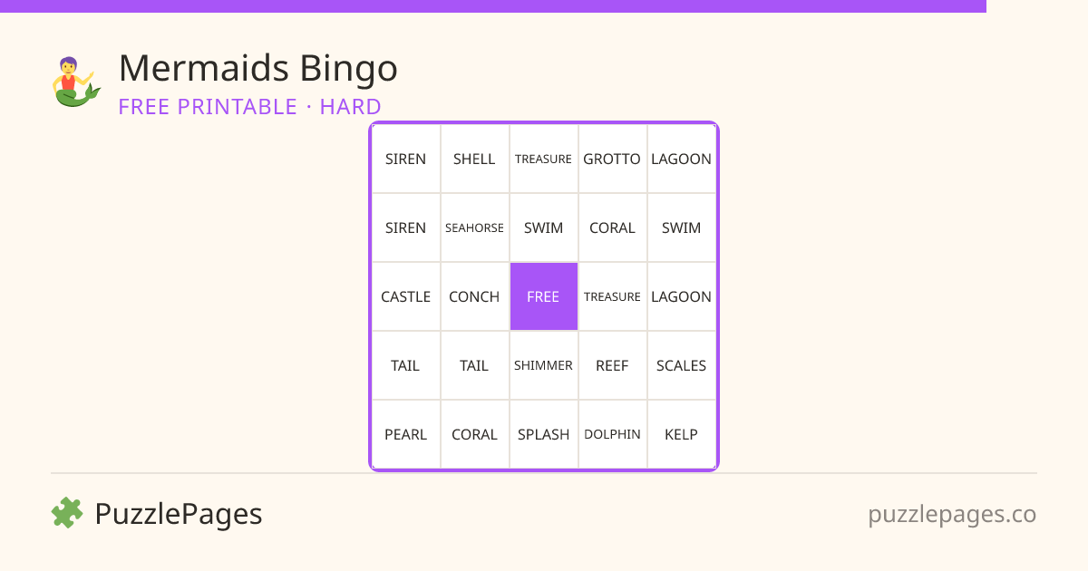 Mermaids Hard printable bingo preview — free to print from PuzzlePages
