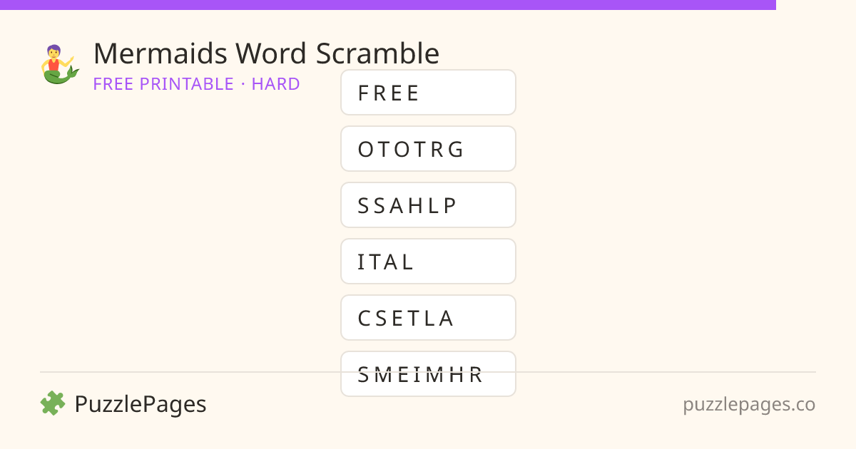 Mermaids Hard printable word scramble preview — free to print from PuzzlePages