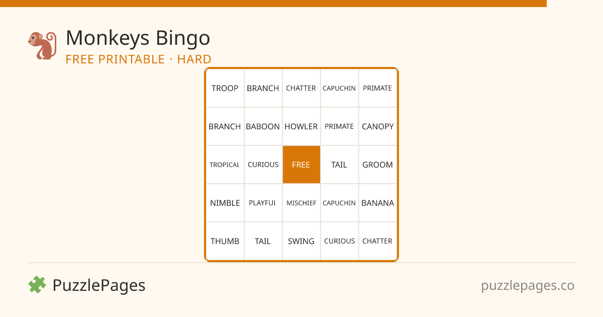 Monkeys Hard printable bingo preview — free to print from PuzzlePages