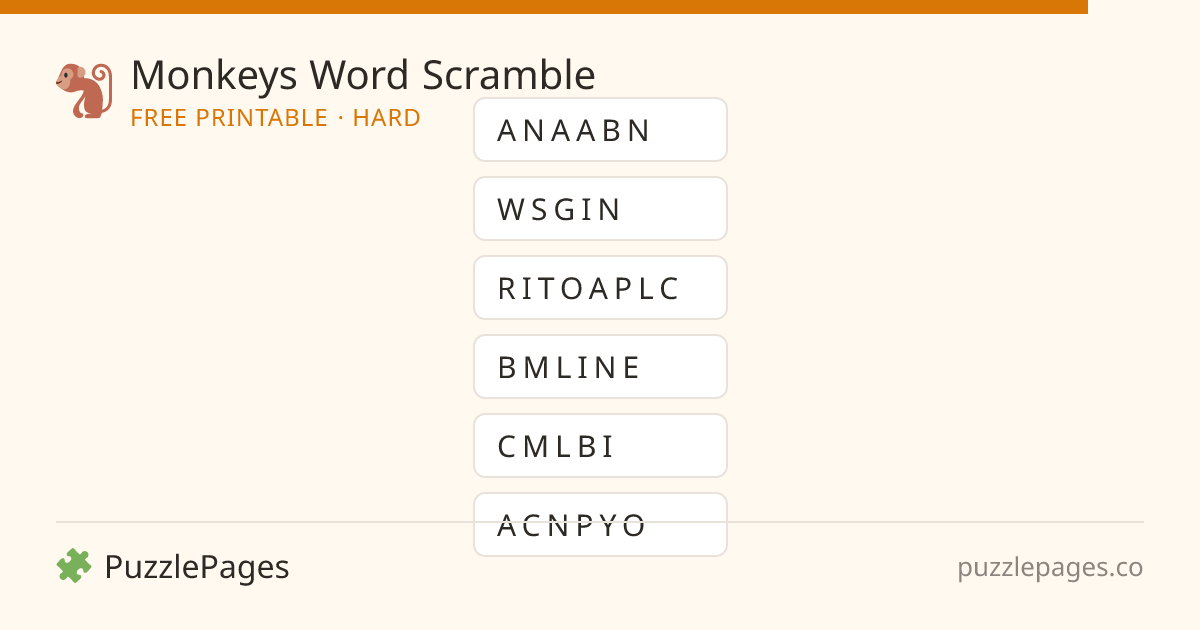 Monkeys Hard printable word scramble preview — free to print from PuzzlePages