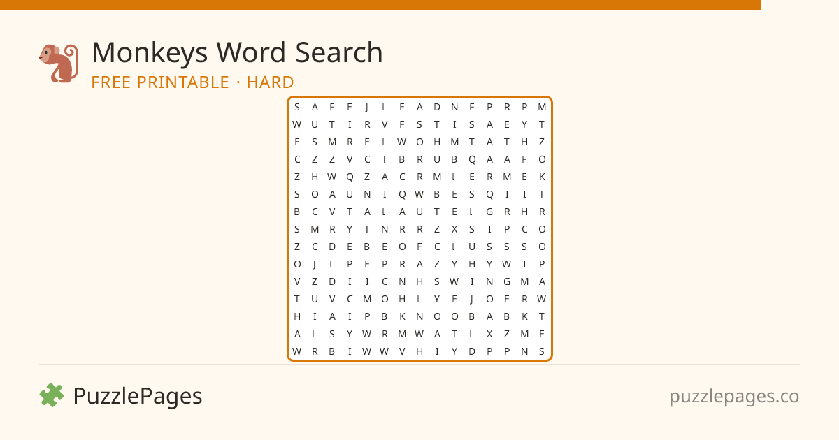 Monkeys Hard printable word search preview — free to print from PuzzlePages
