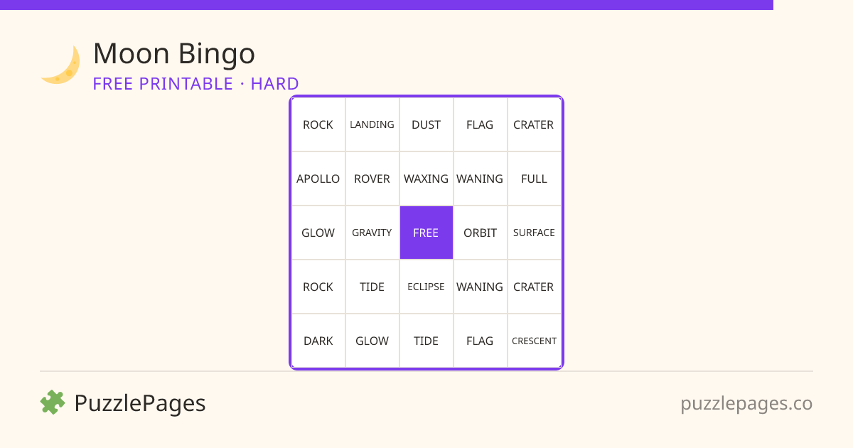 Moon Hard printable bingo preview — free to print from PuzzlePages