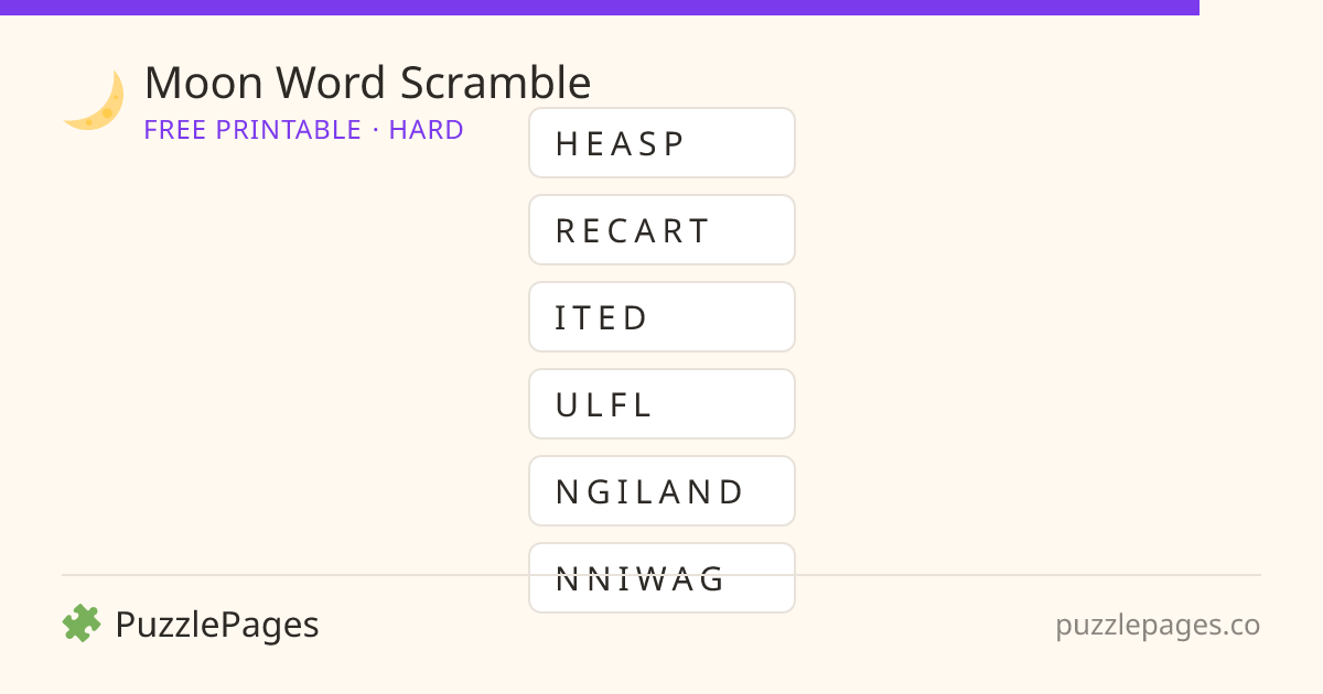 Moon Hard printable word scramble preview — free to print from PuzzlePages
