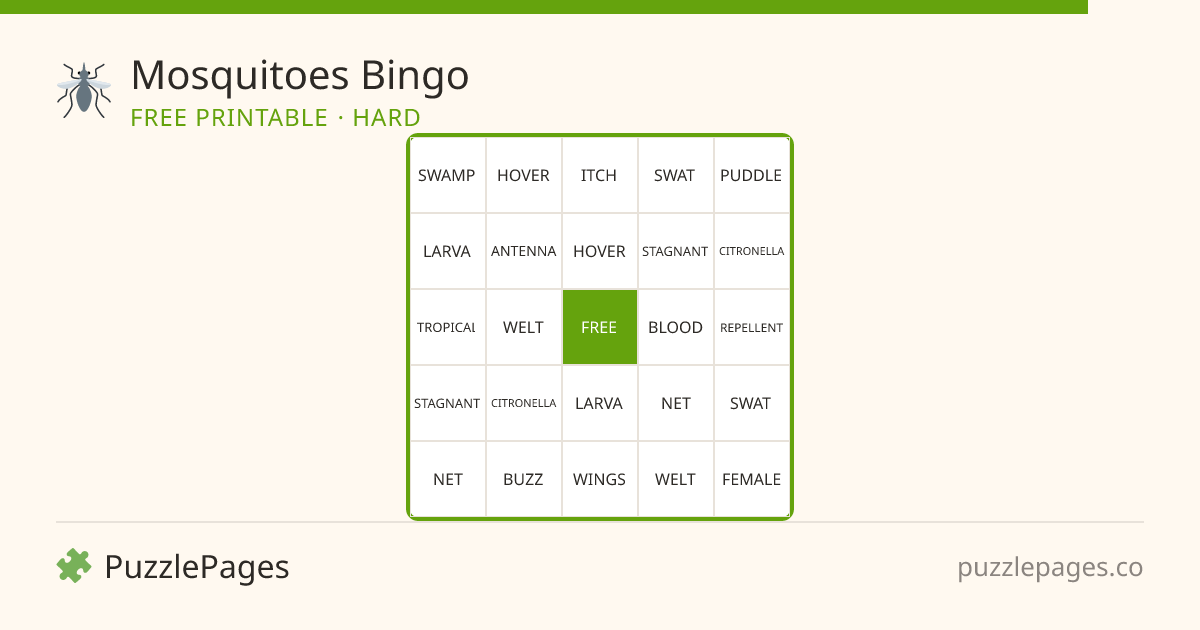 Mosquitoes Hard printable bingo preview — free to print from PuzzlePages