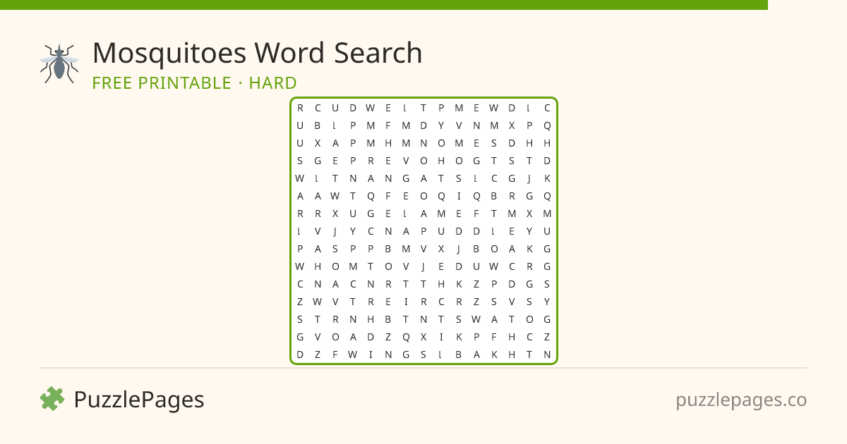 Mosquitoes Hard printable word search preview — free to print from PuzzlePages