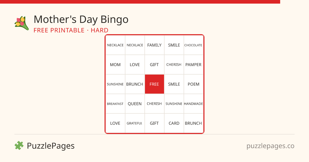 Mother's Day Hard printable bingo preview — free to print from PuzzlePages