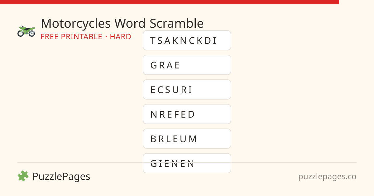 Motorcycles Hard printable word scramble preview — free to print from PuzzlePages