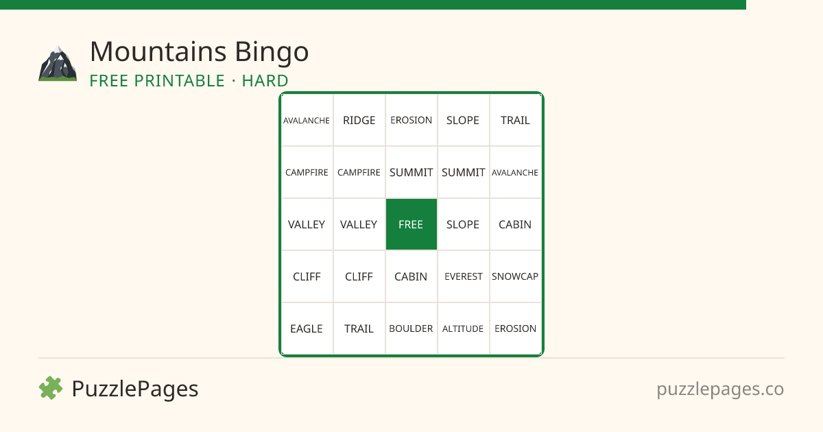 Mountains Hard printable bingo preview — free to print from PuzzlePages