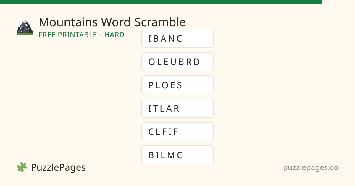 Mountains Hard printable word scramble preview — free to print from PuzzlePages