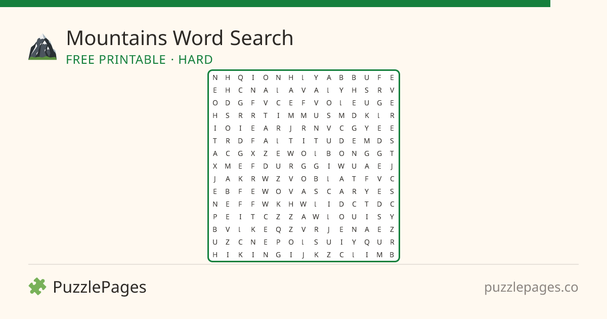 Mountains Hard printable word search preview — free to print from PuzzlePages