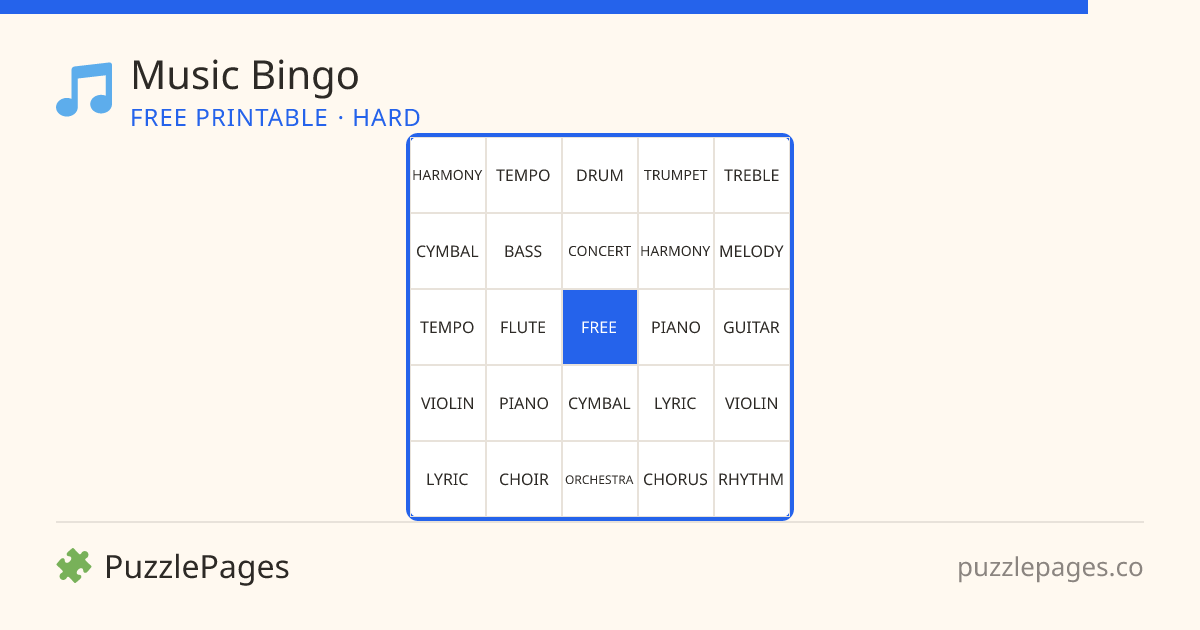Music Hard printable bingo preview — free to print from PuzzlePages