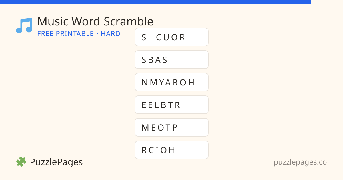 Music Hard printable word scramble preview — free to print from PuzzlePages
