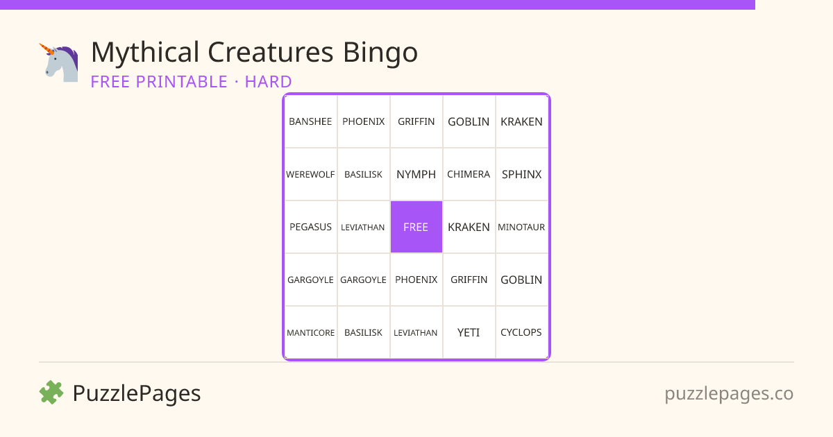 Mythical Creatures Hard printable bingo preview — free to print from PuzzlePages