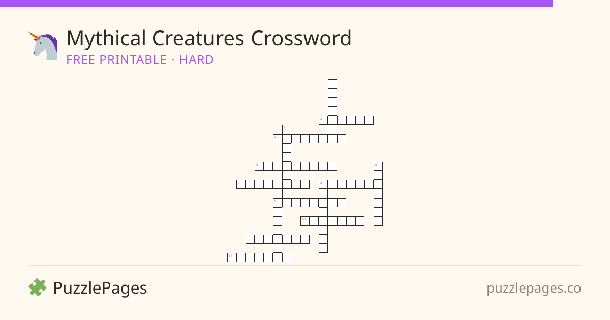 Mythical Creatures Hard printable crossword preview — free to print from PuzzlePages