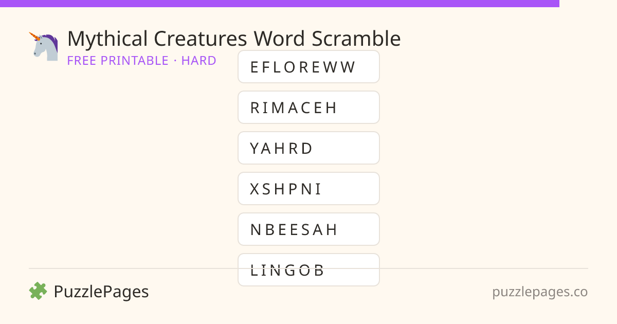 Mythical Creatures Hard printable word scramble preview — free to print from PuzzlePages