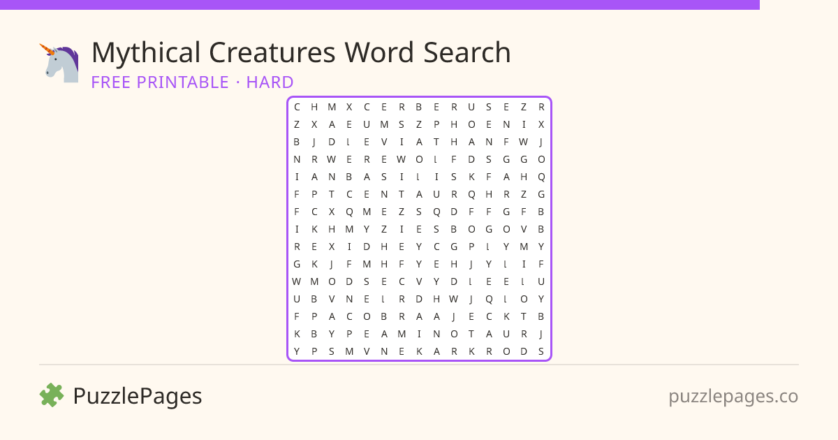 Mythical Creatures Hard printable word search preview — free to print from PuzzlePages