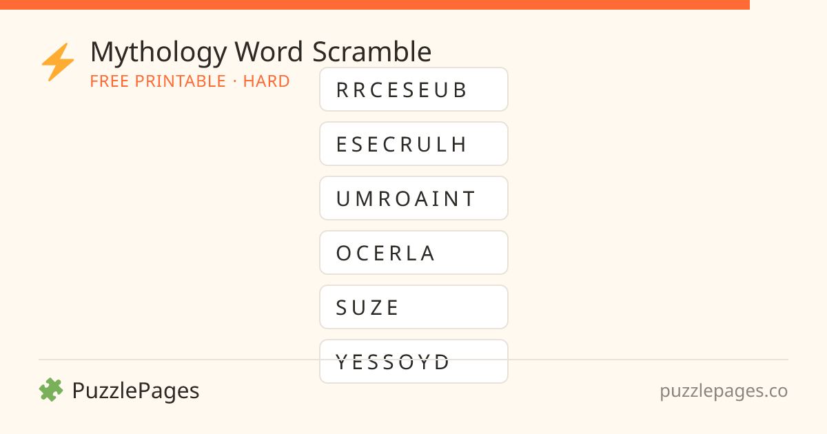 Mythology Hard printable word scramble preview — free to print from PuzzlePages