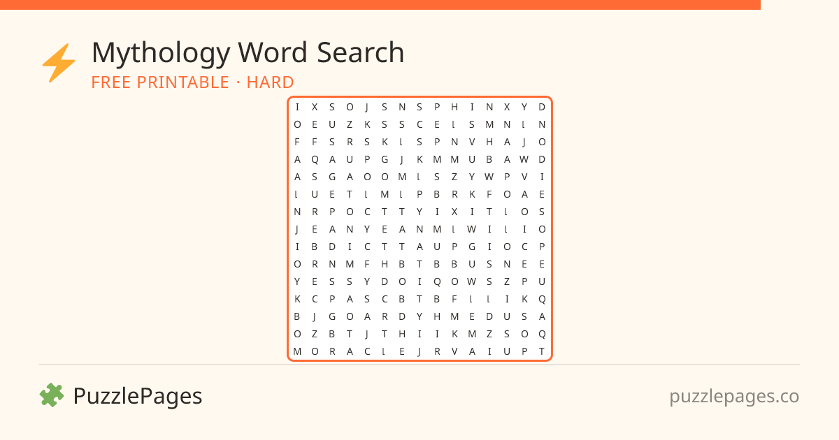 Mythology Hard printable word search preview — free to print from PuzzlePages