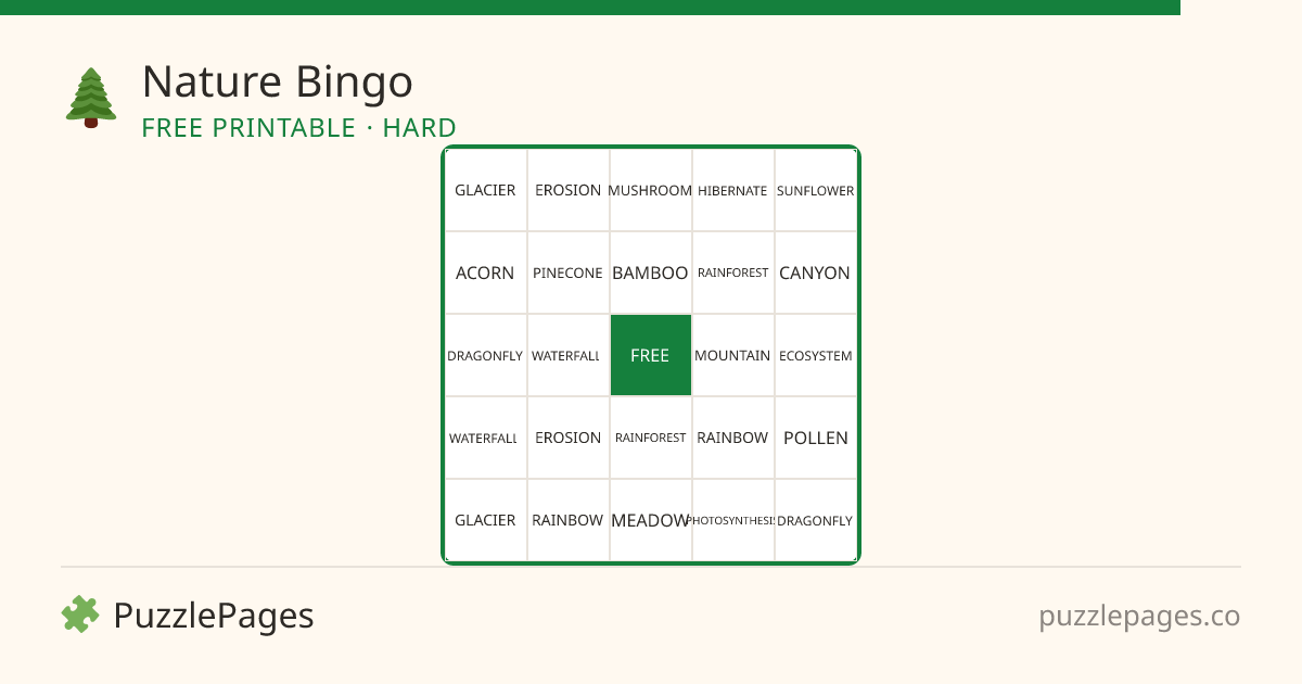 Nature Hard printable bingo preview — free to print from PuzzlePages