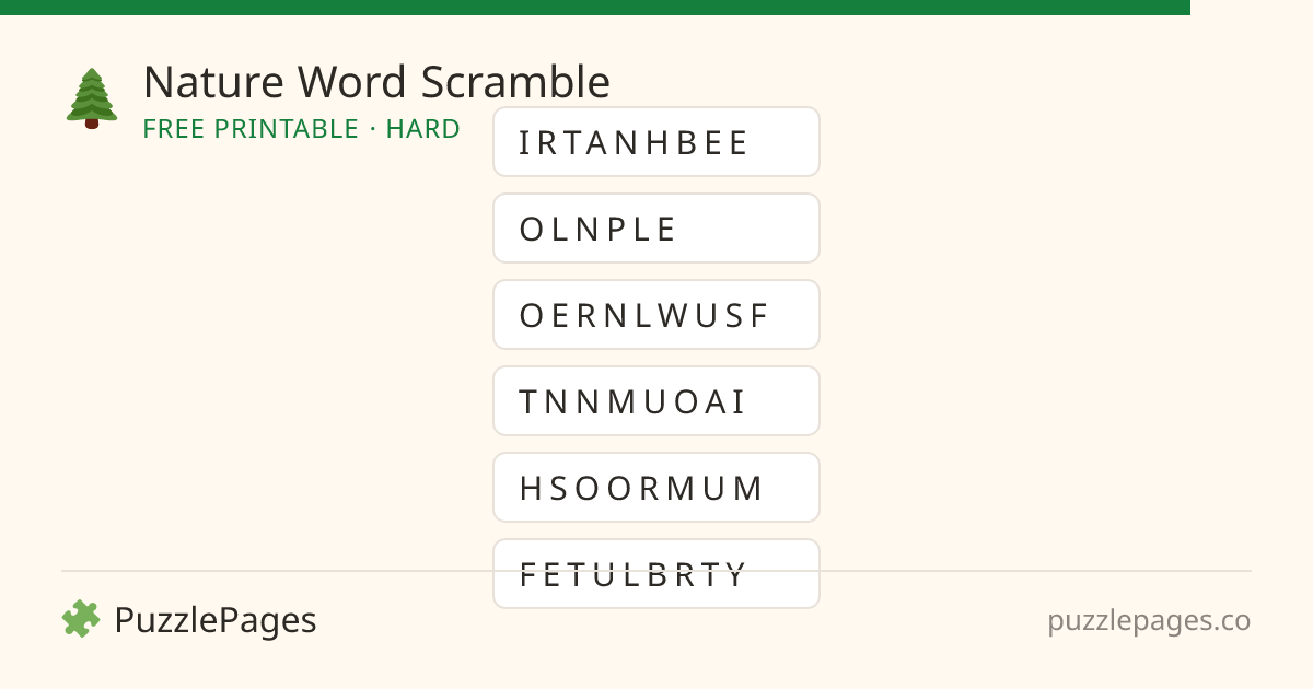 Nature Hard printable word scramble preview — free to print from PuzzlePages