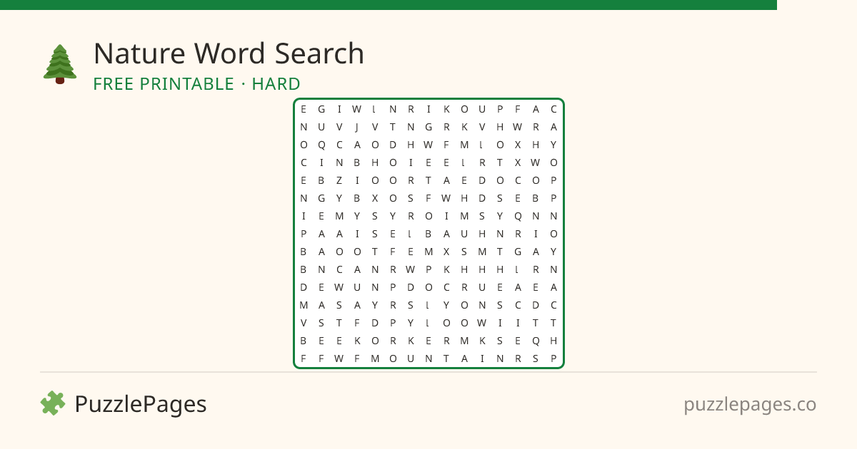 Nature Hard printable word search preview — free to print from PuzzlePages