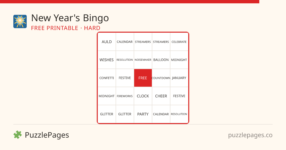 New Year's Hard printable bingo preview — free to print from PuzzlePages