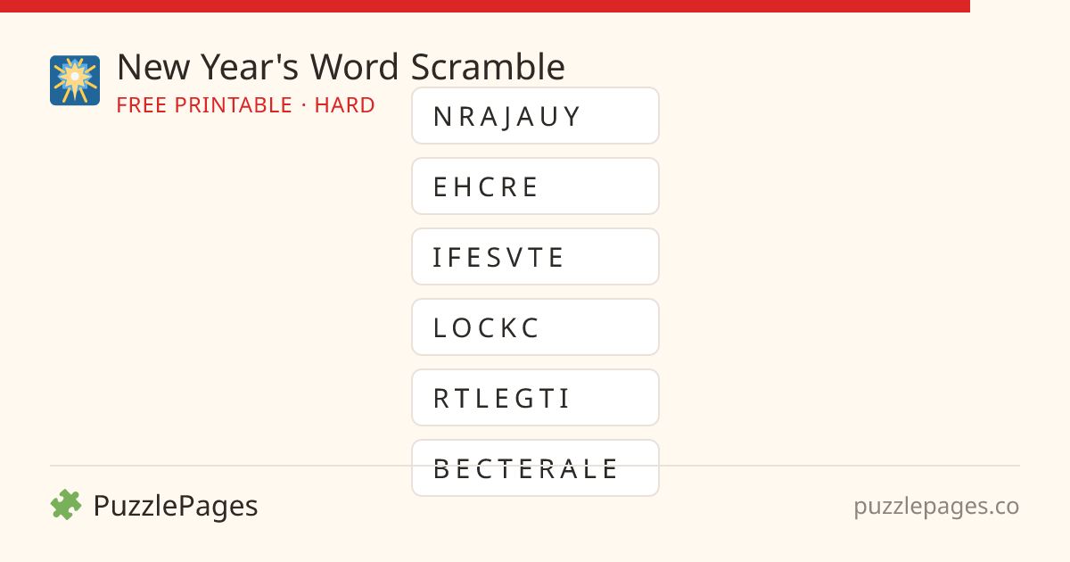 New Year's Hard printable word scramble preview — free to print from PuzzlePages