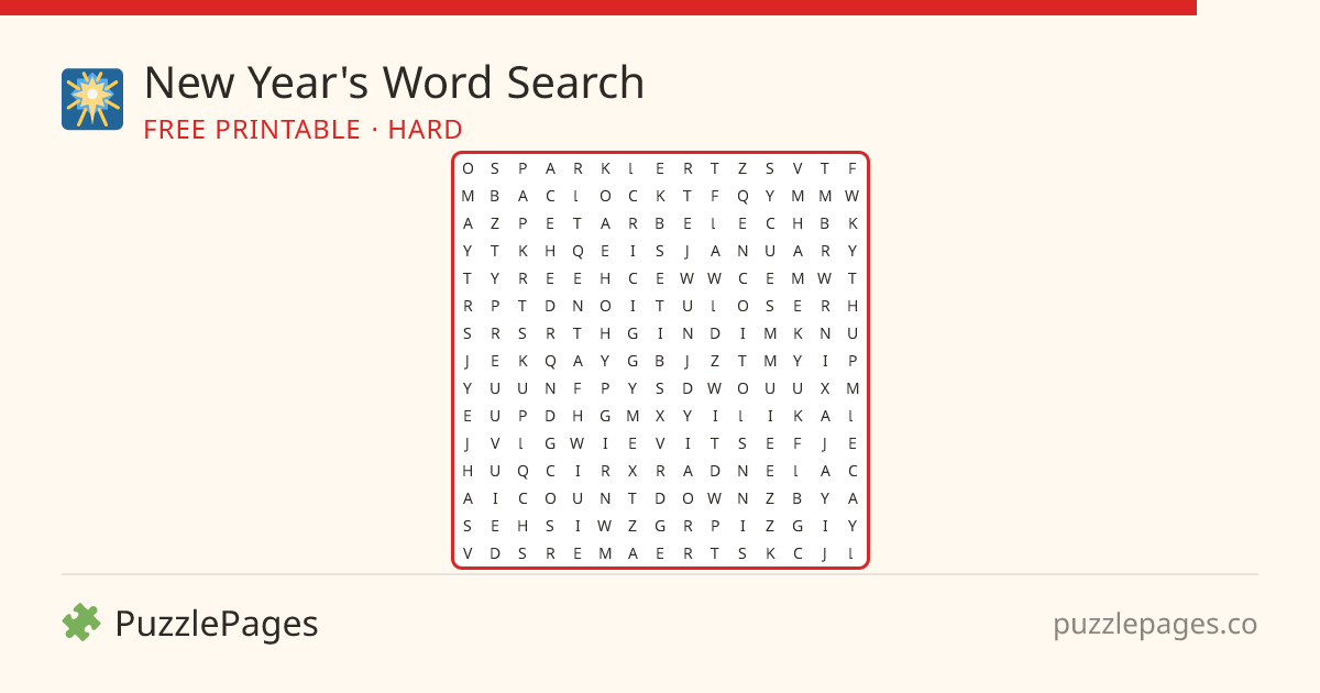 New Year's Hard printable word search preview — free to print from PuzzlePages
