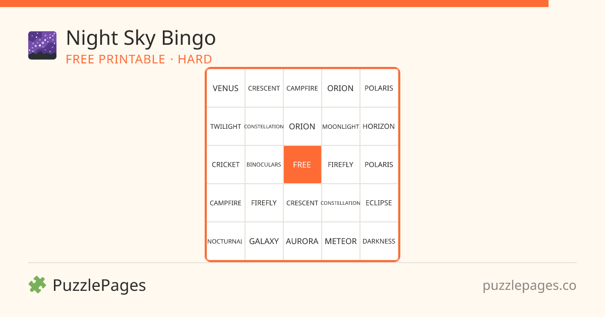 Night Sky Hard printable bingo preview — free to print from PuzzlePages