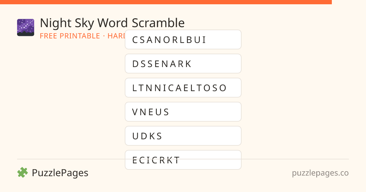 Night Sky Hard printable word scramble preview — free to print from PuzzlePages