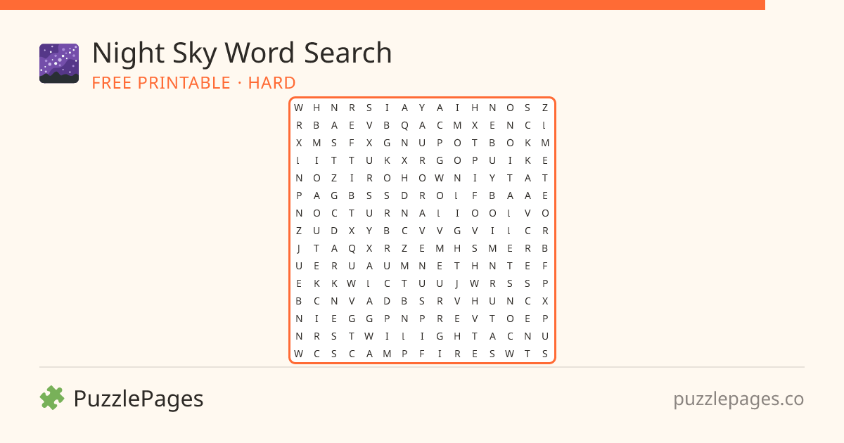 Night Sky Hard printable word search preview — free to print from PuzzlePages