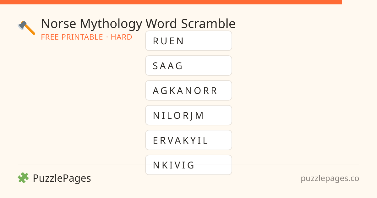 Norse Mythology Hard printable word scramble preview — free to print from PuzzlePages