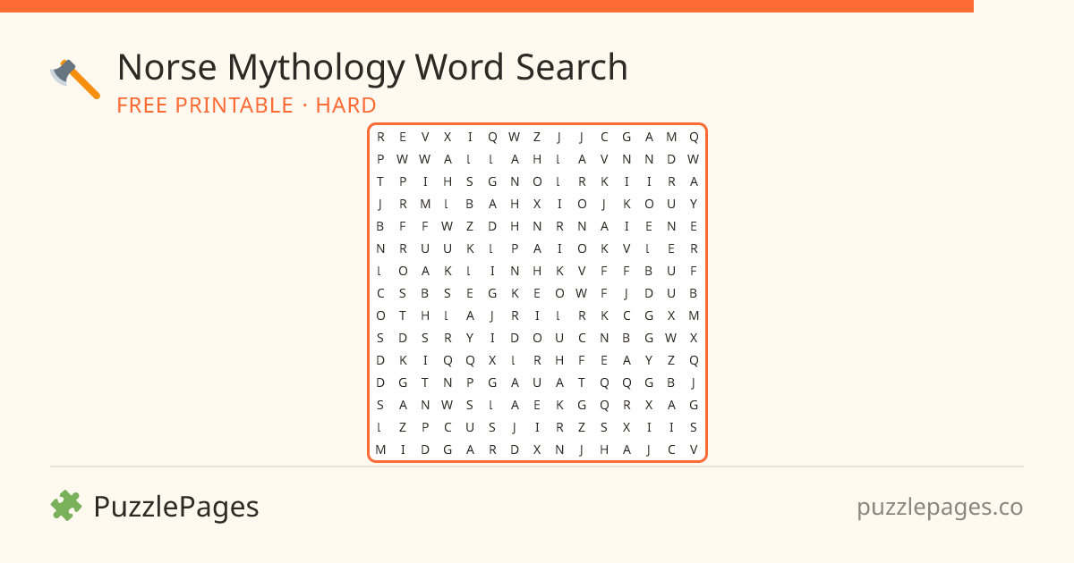 Norse Mythology Hard printable word search preview — free to print from PuzzlePages