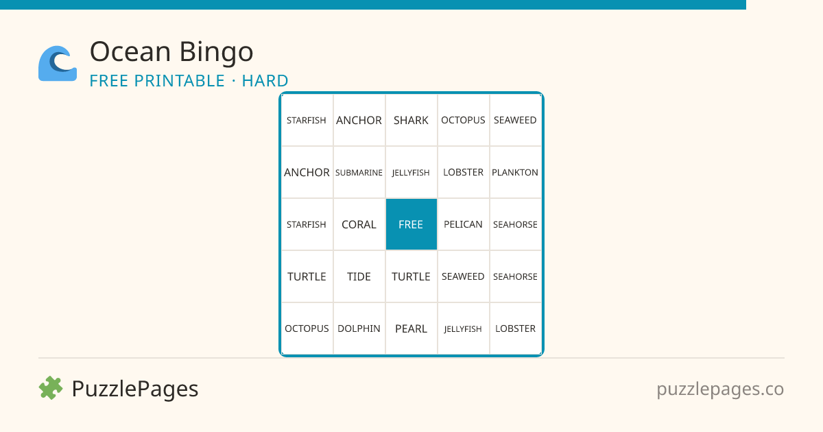 Ocean Hard printable bingo preview — free to print from PuzzlePages
