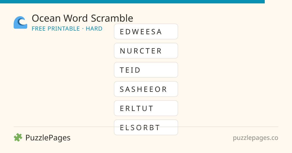 Ocean Hard printable word scramble preview — free to print from PuzzlePages