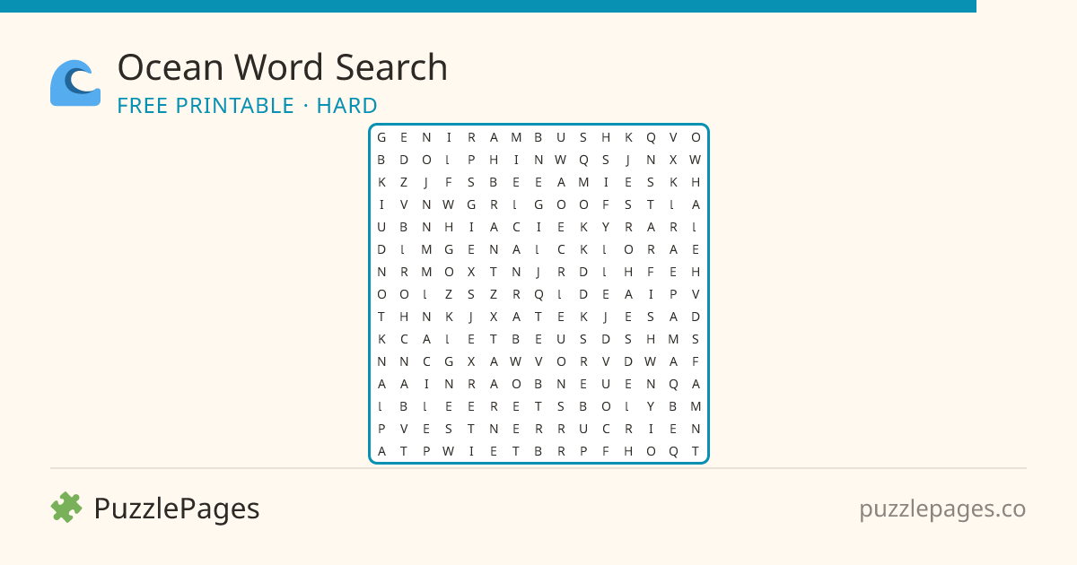 Ocean Hard printable word search preview — free to print from PuzzlePages