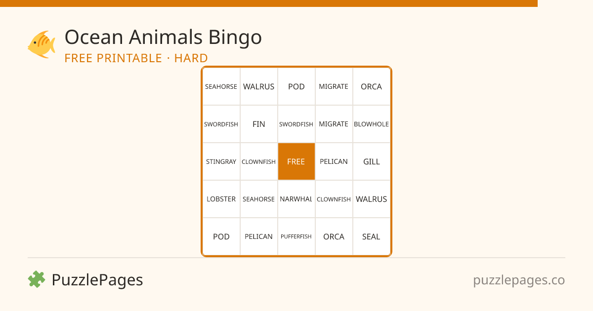 Ocean Animals Hard printable bingo preview — free to print from PuzzlePages