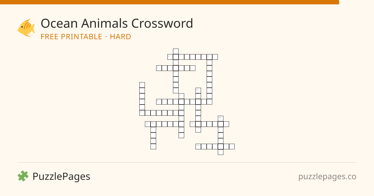 Ocean Animals Hard printable crossword preview — free to print from PuzzlePages