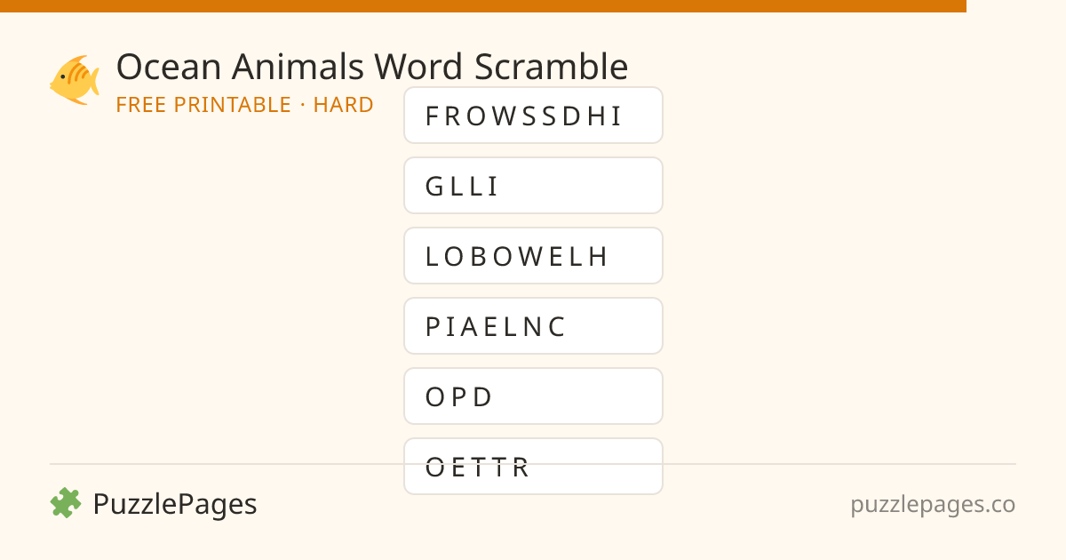 Ocean Animals Hard printable word scramble preview — free to print from PuzzlePages