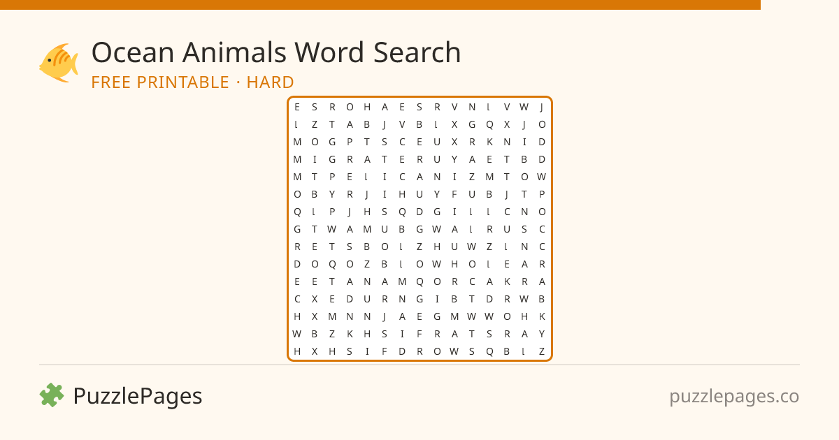 Ocean Animals Hard printable word search preview — free to print from PuzzlePages