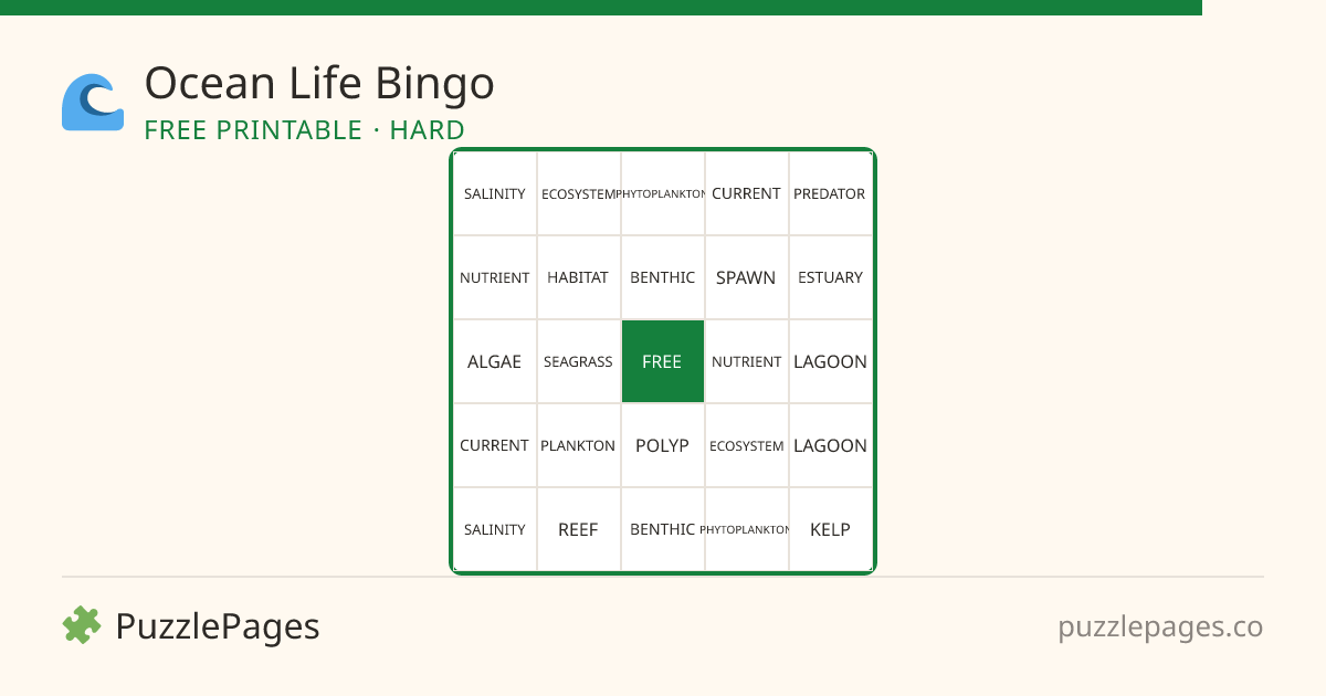 Ocean Life Hard printable bingo preview — free to print from PuzzlePages
