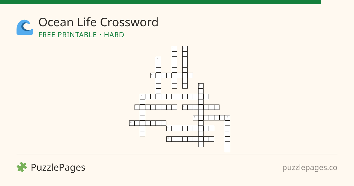 Ocean Life Hard printable crossword preview — free to print from PuzzlePages