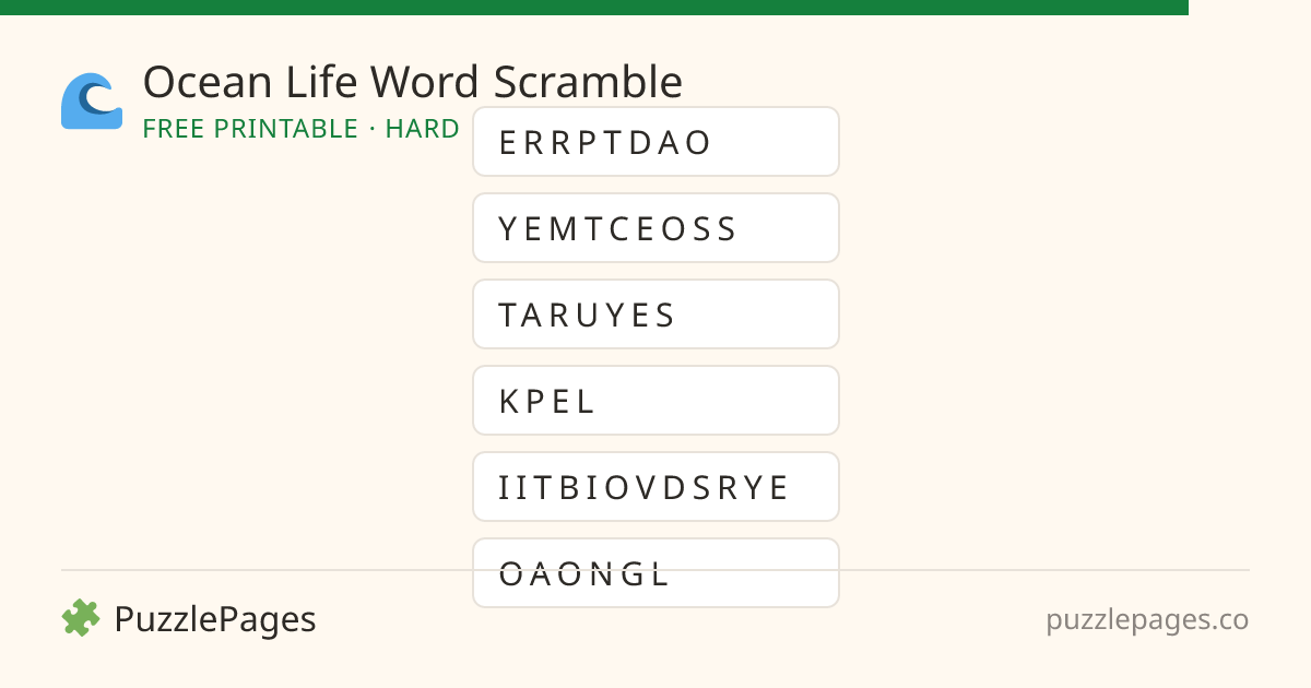 Ocean Life Hard printable word scramble preview — free to print from PuzzlePages