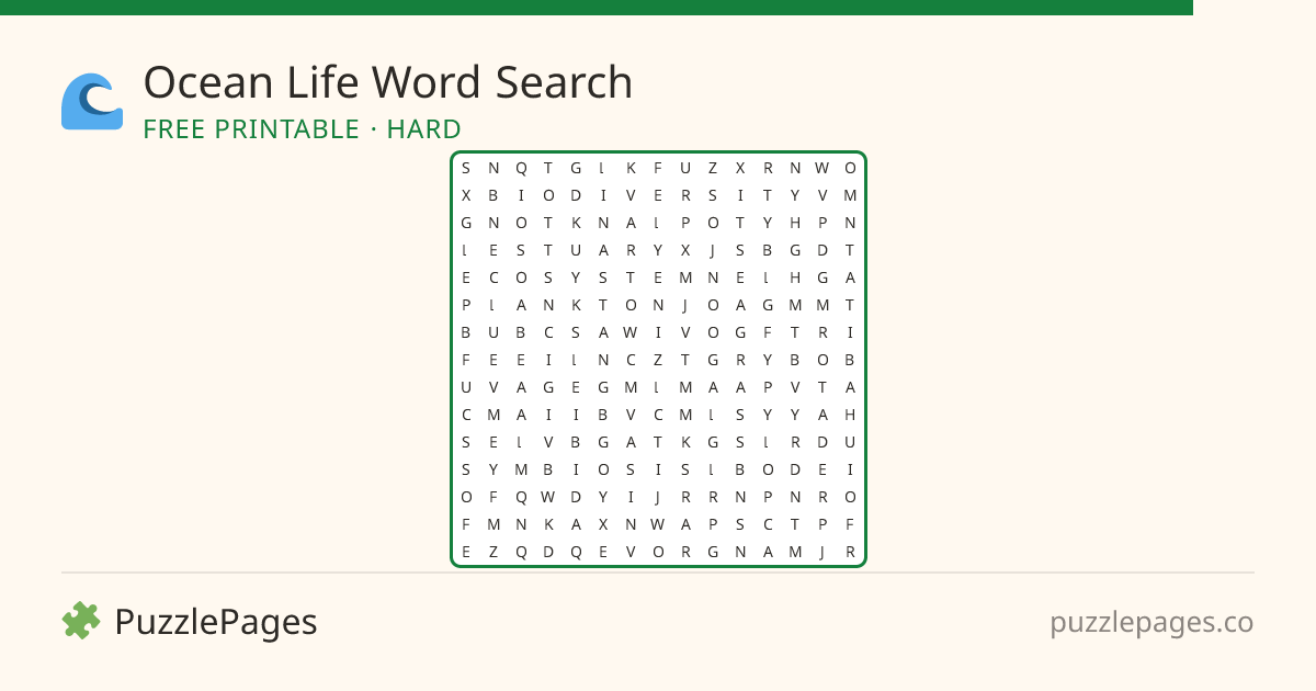 Ocean Life Hard printable word search preview — free to print from PuzzlePages
