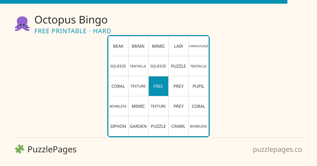 Octopus Hard printable bingo preview — free to print from PuzzlePages