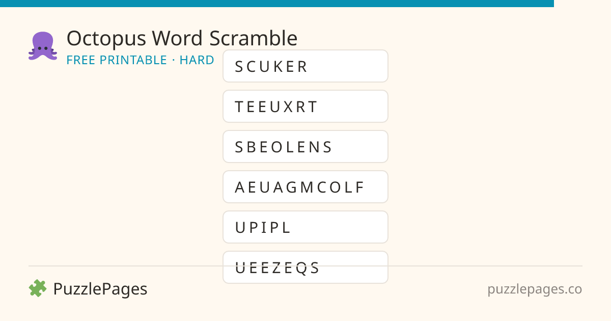 Octopus Hard printable word scramble preview — free to print from PuzzlePages