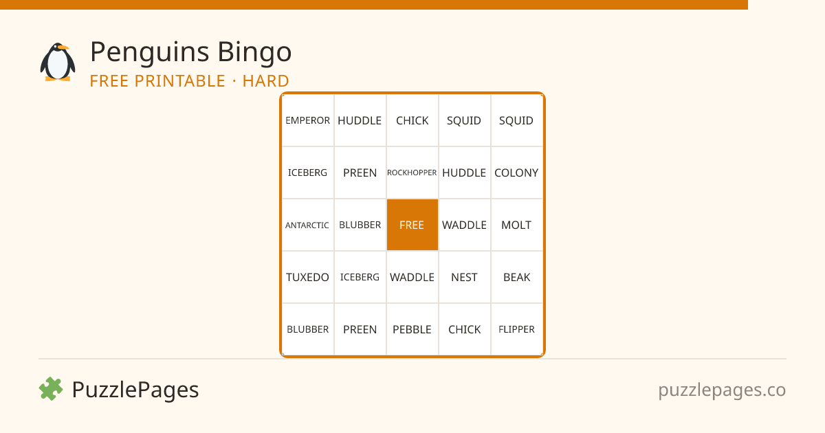 Penguins Hard printable bingo preview — free to print from PuzzlePages