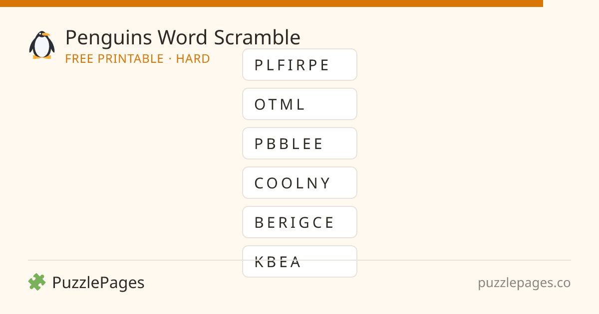 Penguins Hard printable word scramble preview — free to print from PuzzlePages